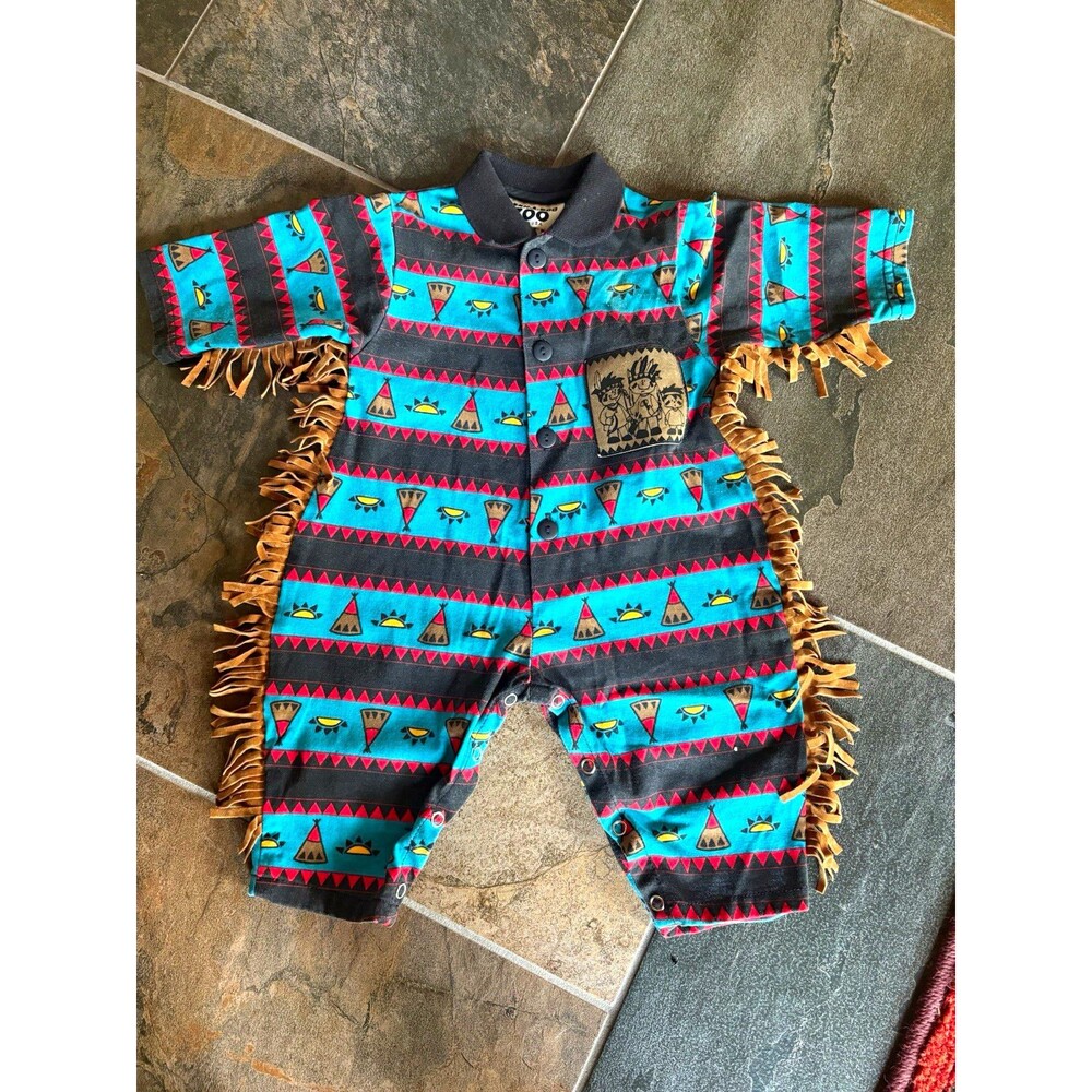 Vtg Peek-A-Boo Zoo Coverall One-Piece Fringe Southwest Costume Cotton Snap 6-9M